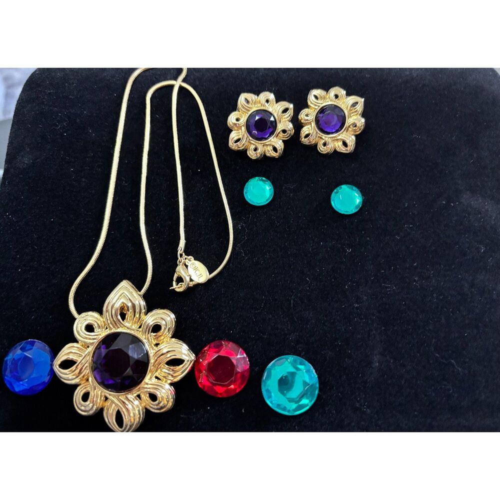 Vintage Kenneth Jay Lane Color Stone Changeable Pendant & Earrings Set
